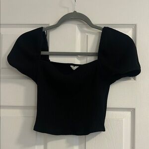H&M Black Puff-Sleeve Ribbed Crop Top